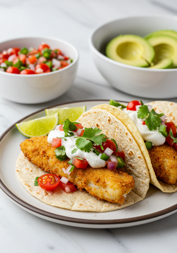 Fried Fish Tacos with Red Onion-Tomato Salsa