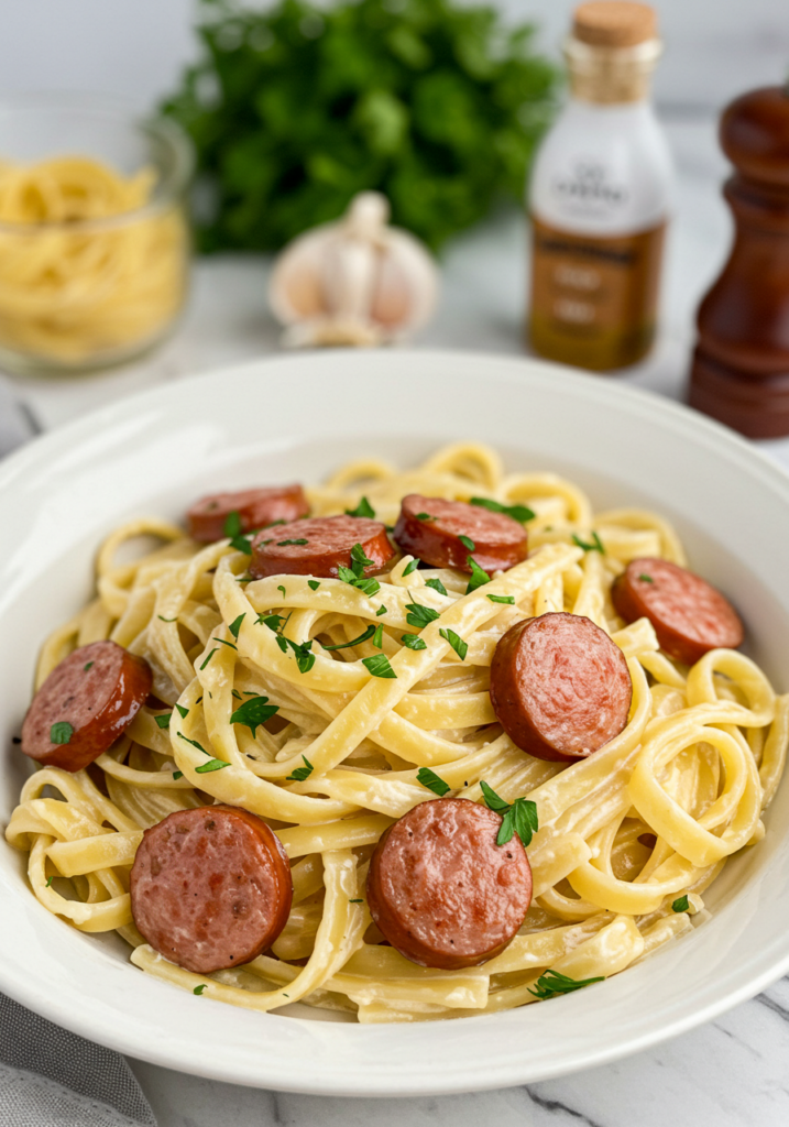 Creamy Garlic Parmesan Fettuccine with Beef Sausages