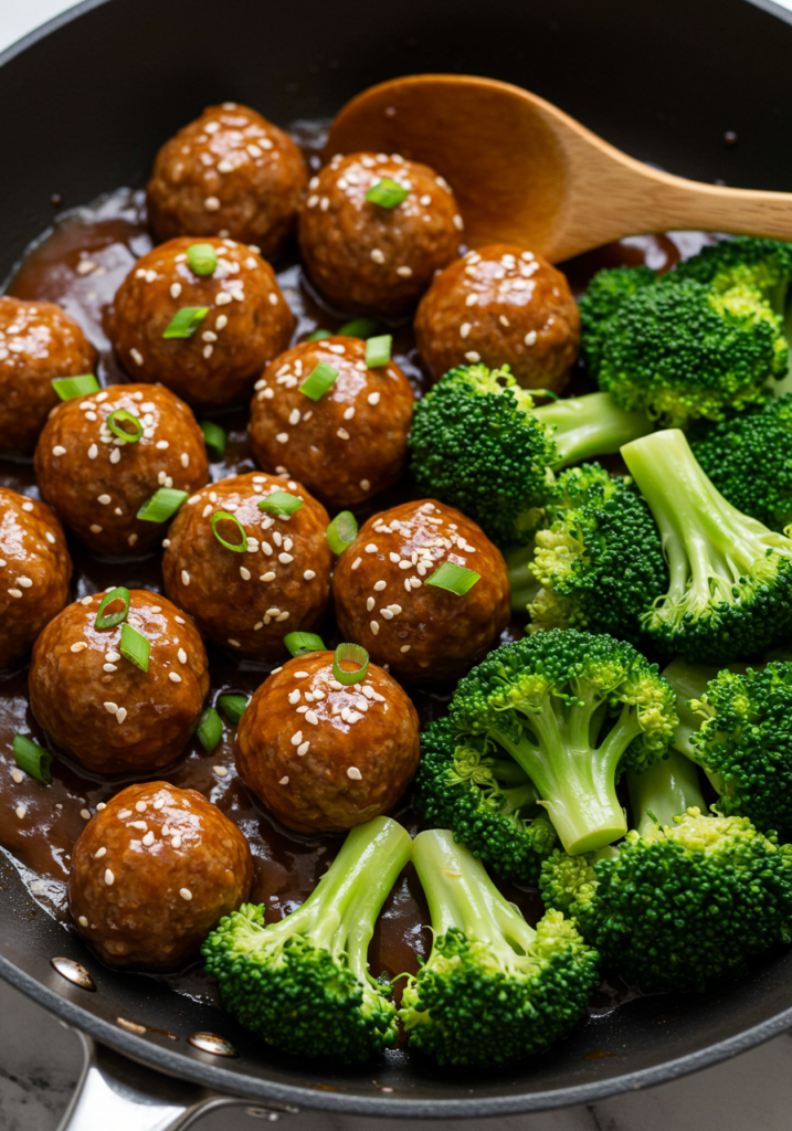 Sticky Mongolian Meatballs and Broccoli