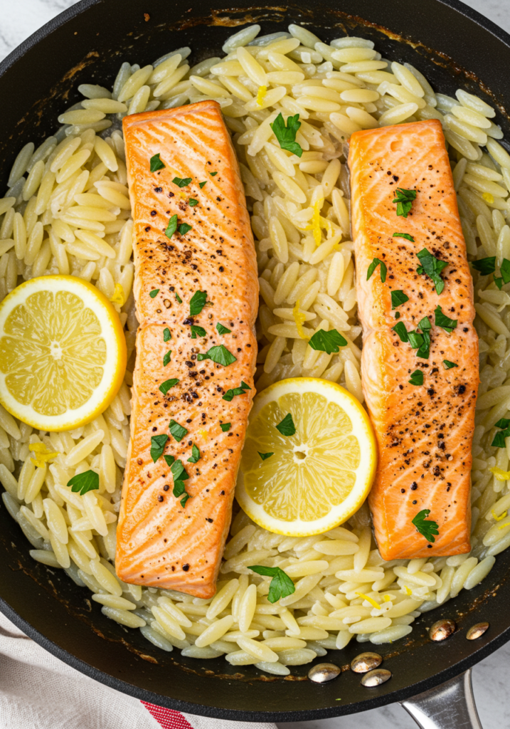 One Skillet Salmon with Lemon Orzo