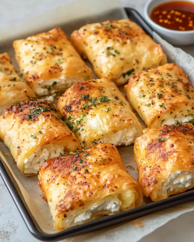 Oven Fried Feta Rolls with Chili Honey