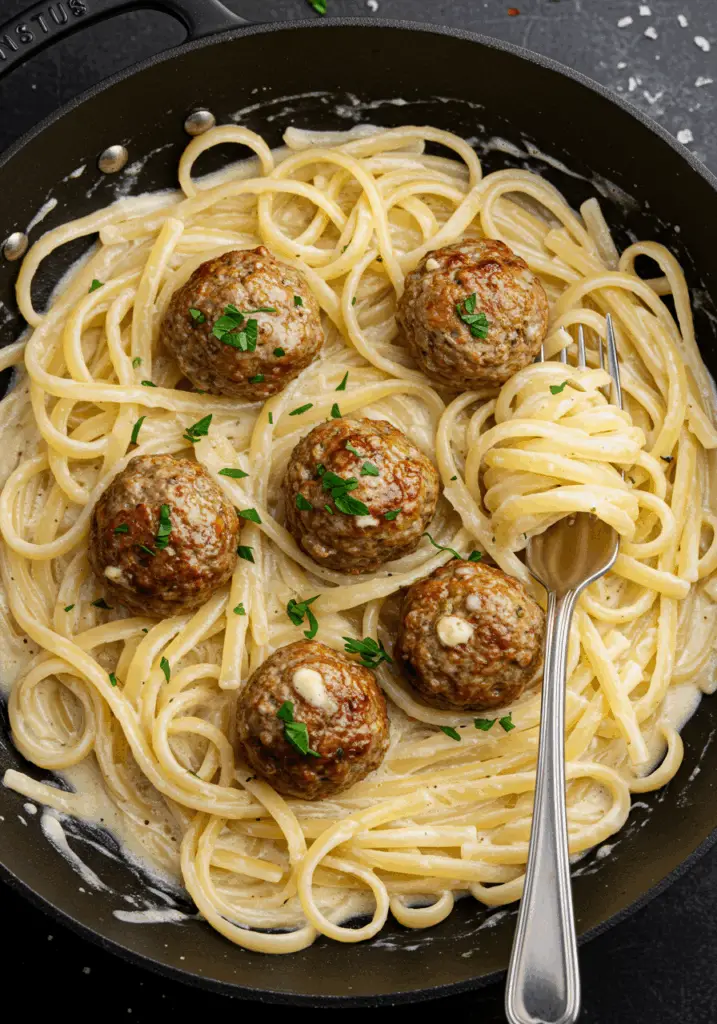 Garlic Butter Meatballs over Creamy Parmesan Linguine