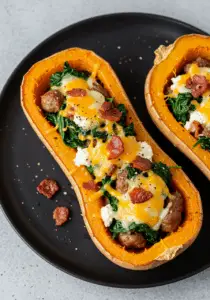 Turkey Sausage-Stuffed Butternut Squash with Spinach