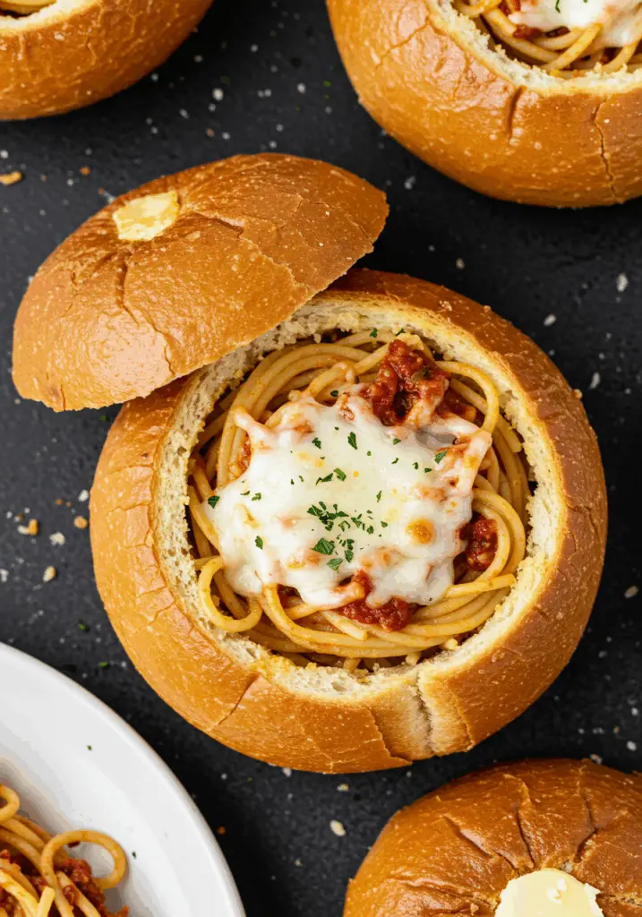 Spaghetti Garlic Bread Bowls