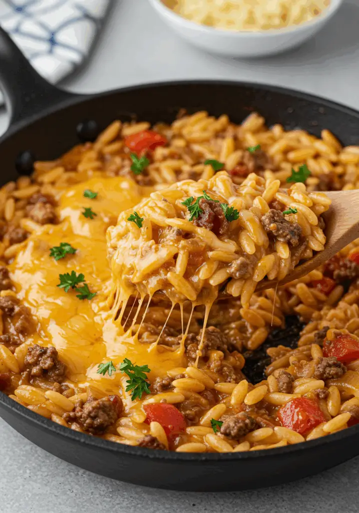 One-Pot Cheeseburger Orzo Skillet