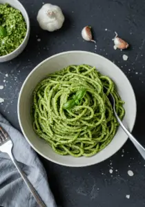 Vegan wild garlic pesto pasta