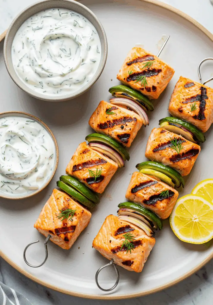 Grilled Salmon Skewers with Creamy Dill Yogurt Sauce