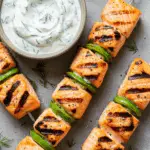 Grilled Salmon Skewers with Creamy Dill Yogurt Sauce