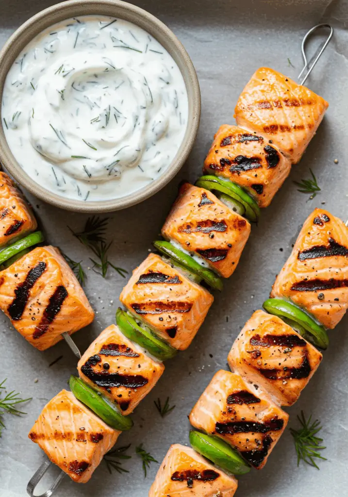 Grilled Salmon Skewers with Creamy Dill Yogurt Sauce