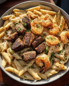 Blackened Steak and Shrimp Alfredo