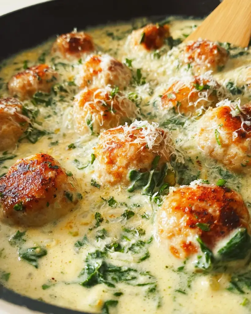 Chicken Ricotta Meatballs with Spinach Alfredo Sauce
