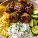 Gyro Bowls (Meatballs with Tzatziki, Lemon Rice, and Cucumber Salad)