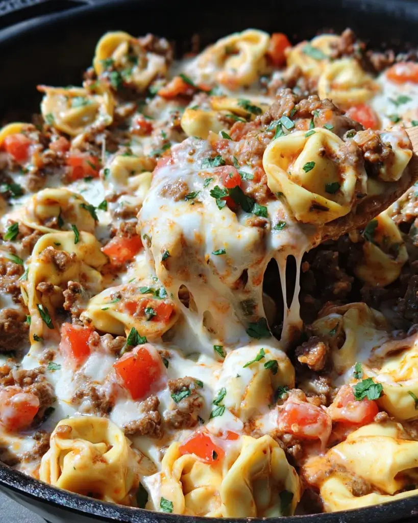 One Pot Tortellini and Ground Beef Skillet Casserole