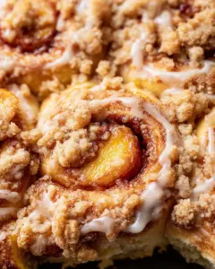 Peach Cobbler Cinnamon Rolls with Crumb Topping