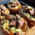Grilled Steak Bite Loaded Baked Potatoes with Garlic Herb Butter