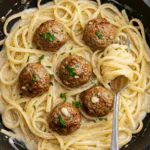 Garlic Butter Meatballs over Creamy Parmesan Linguine