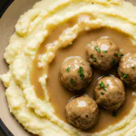 One Pot Mashed Potatoes with Meatballs & Gravy