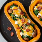 Turkey Sausage-Stuffed Butternut Squash with Spinach