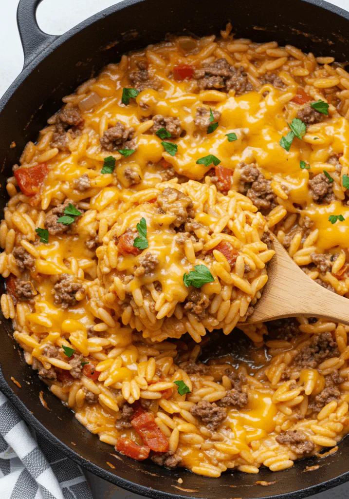 One-Pot Cheeseburger Orzo Skillet