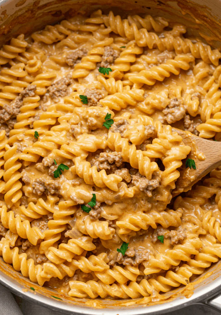Beef and Rotini in Garlic Parmesan Sauce
