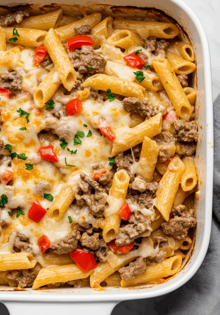 Philly Cheesesteak Pasta Bake