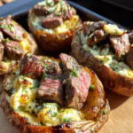 Grilled Steak Bite Loaded Baked Potatoes with Garlic Herb Butter